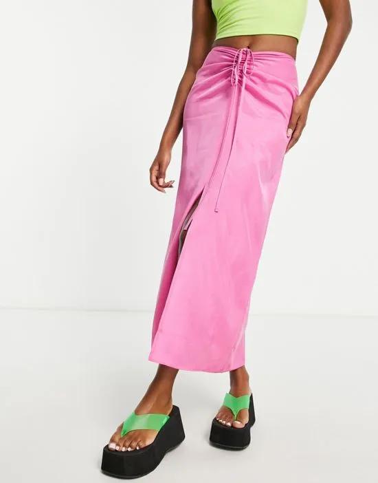 ruched channel waist midi skirt in pink