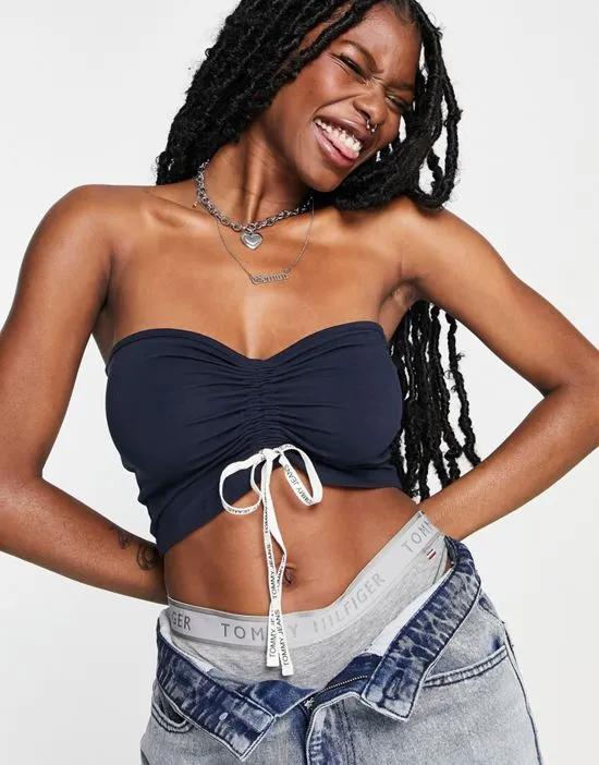 ruched cropped cami with logo straps in navy