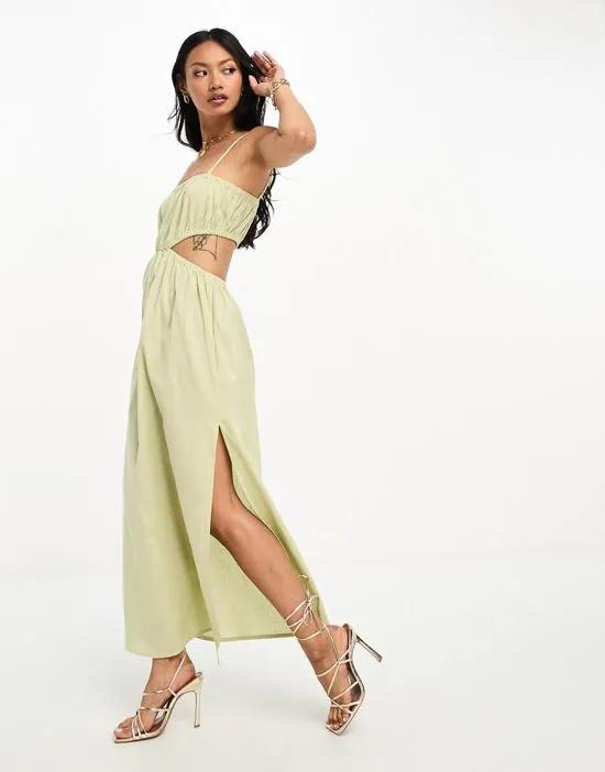 ruched cut-out midaxi dress in olive