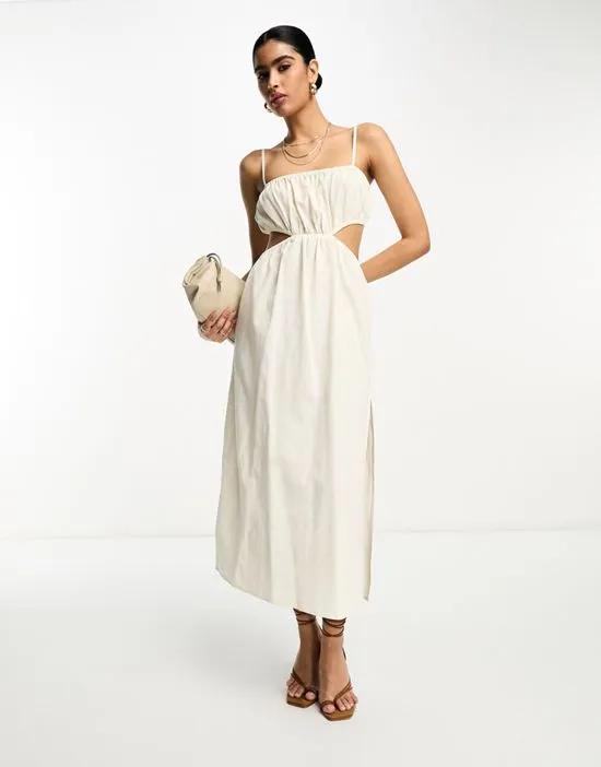 ruched cut-out midaxi dress in oyster