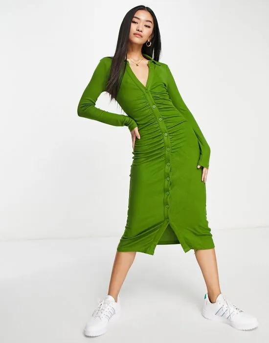ruched detail polo midi dress in dark green
