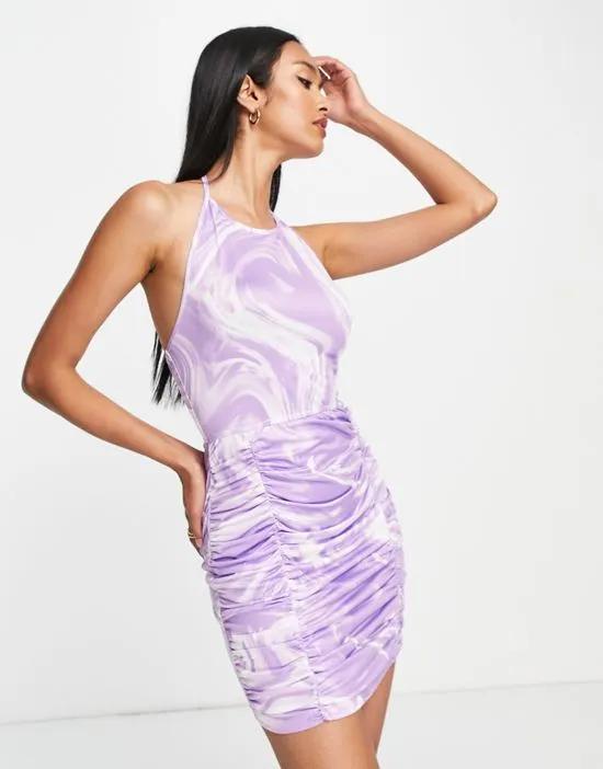 ruched front body-conscious mini dress in lilac marble print