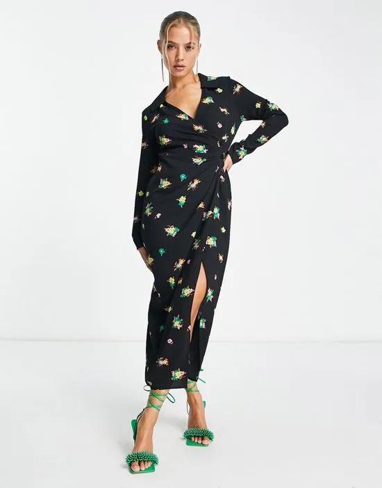 ruched front button up wrap shirt midi dress in black floral print