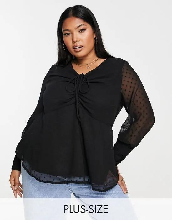 ruched front long sleeve blouse in black
