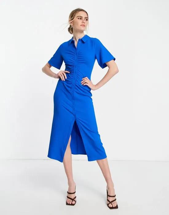 ruched front maxi shirt dress in cobalt blue