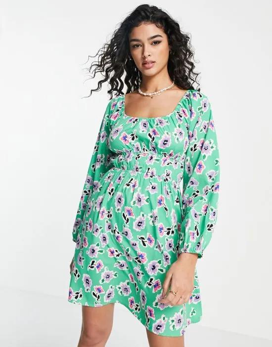 ruched front mini dress in green floral