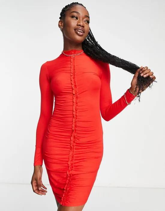 ruched front mini dress in red