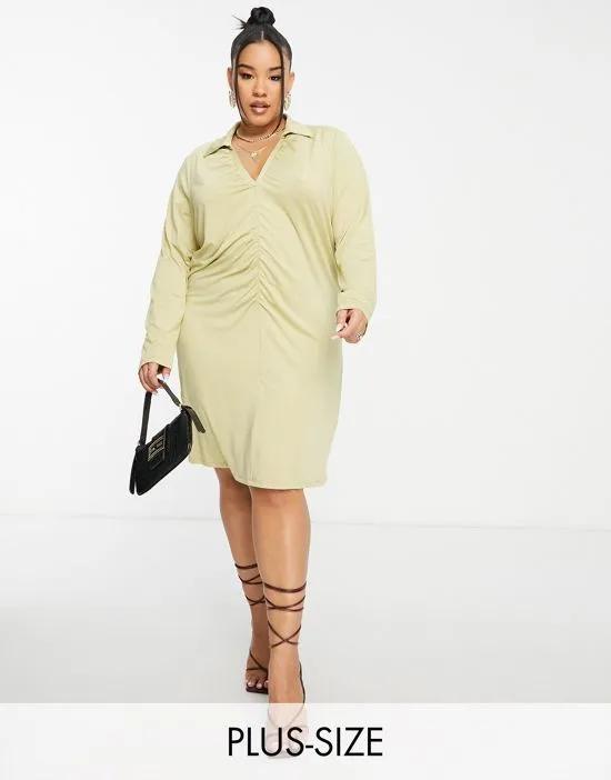 ruched front mini shirt dress in olive