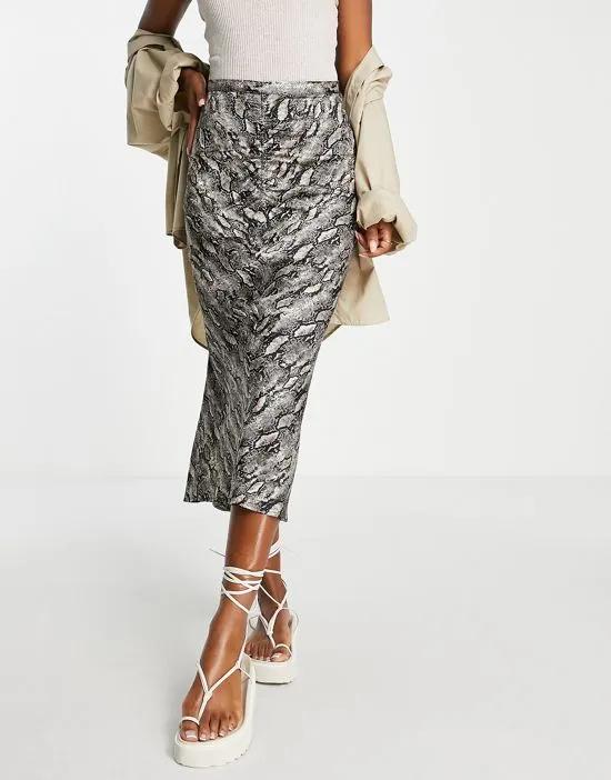 ruched front satin snake midi skirt in neutral