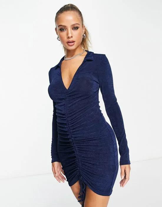 ruched front slinky jersey mini polo dress in dark blue