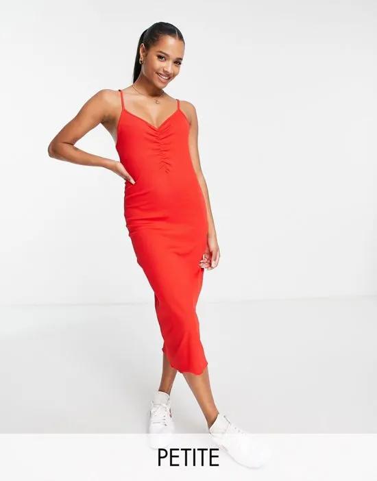 ruched front strappy midi dress in red