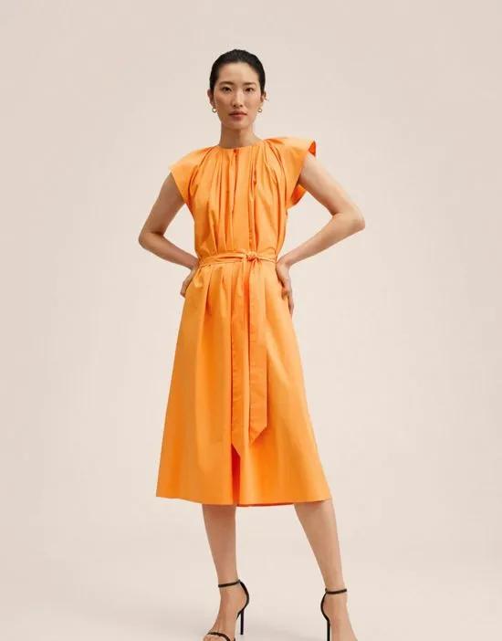 ruched front tie waist detail midi dress in orange