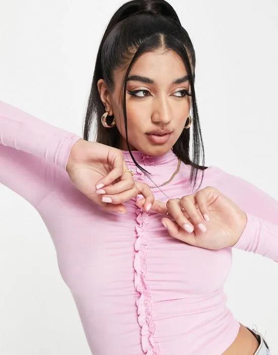 ruched funnel crop top in pink