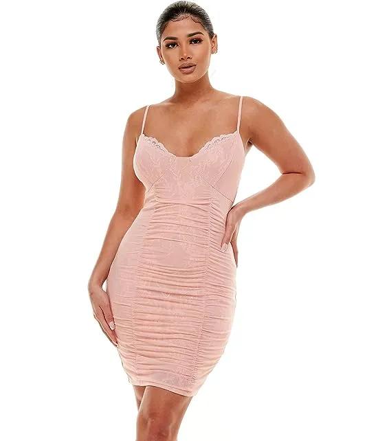 Ruched Lace and Mesh Dress
