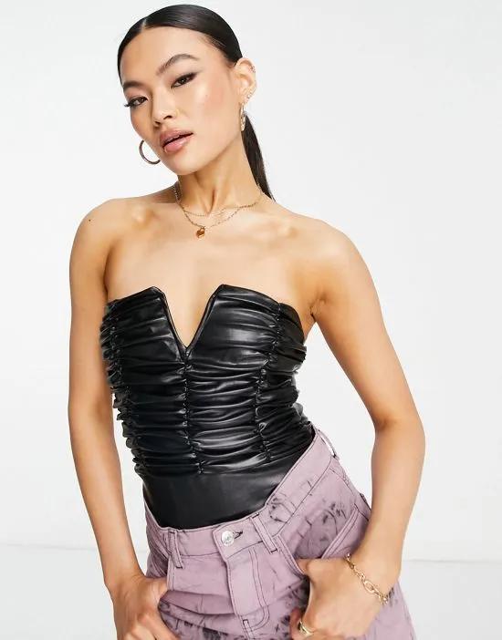 ruched leather look bodysuit in black
