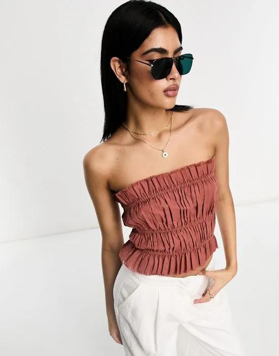 ruched linen bandeau top in terracotta