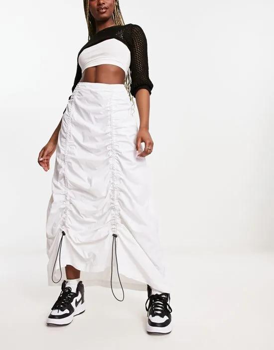 ruched maxi cargo skirt in white