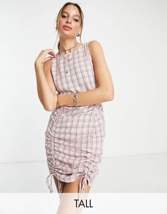 ruched mini dress in pink check