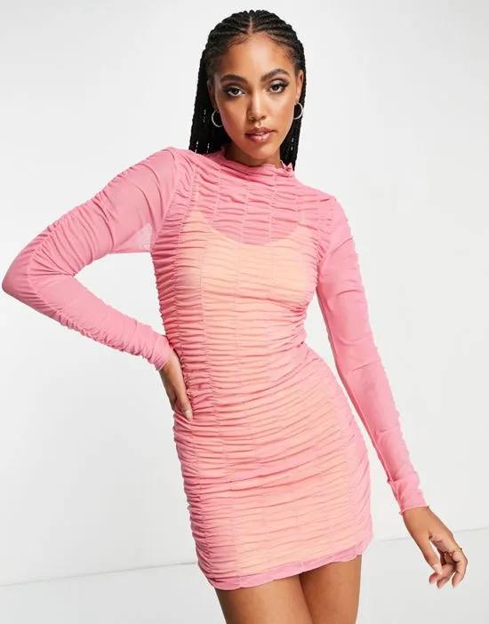ruched mini layered mesh mini dress in pink
