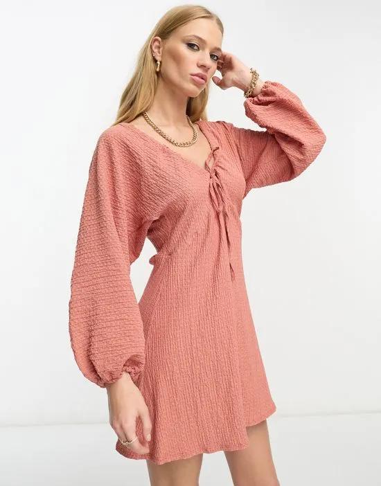 ruched neck mini dress with volume sleeve in rust