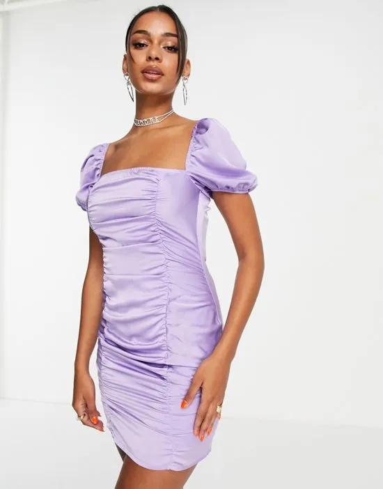 ruched puff sleeve satin mini dress in purple