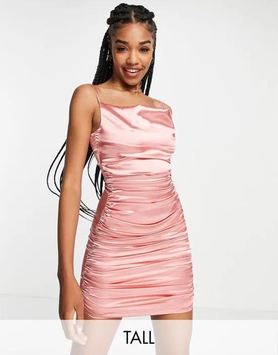 ruched satin mini dress in pink