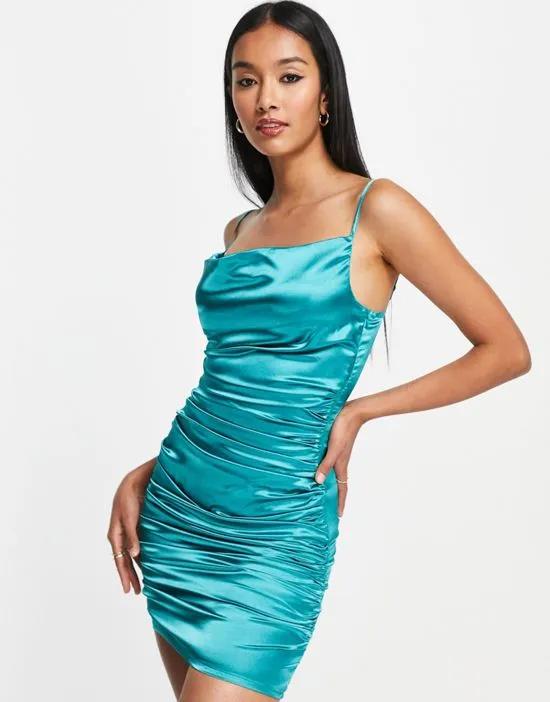 ruched satin mini dress in teal