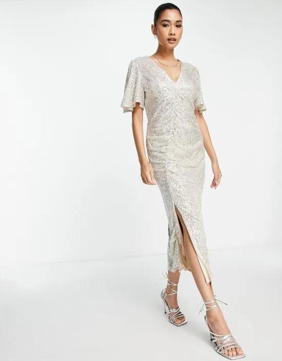 ruched sequin midi dress in silver