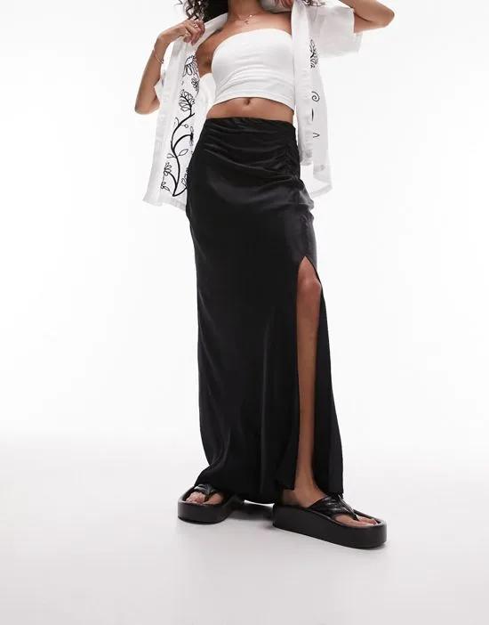 ruched side maxi skirt in black