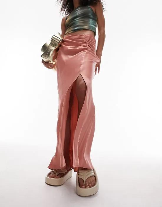 ruched side maxi skirt in rose