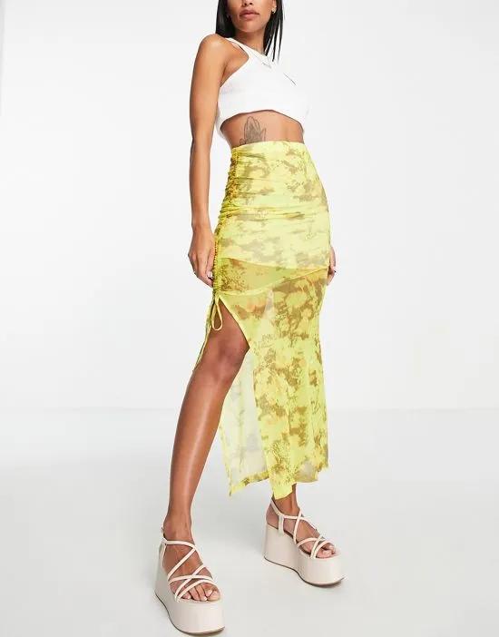 ruched side mesh blurred floral midi skirt in yellow