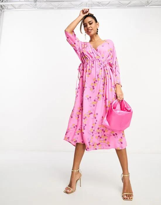 ruched side midi dress in pink floral print