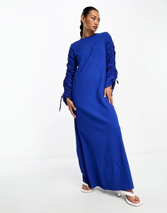 ruched sleeve detail crinkle maxi dress in cobalt blue
