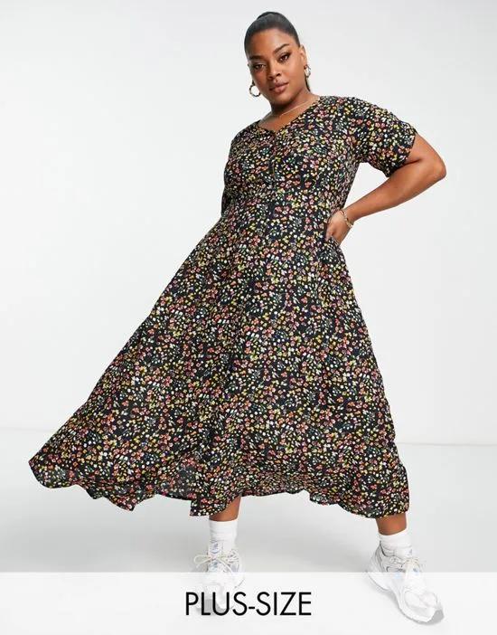 ruched sleeve midi dress in navy ditsy floral