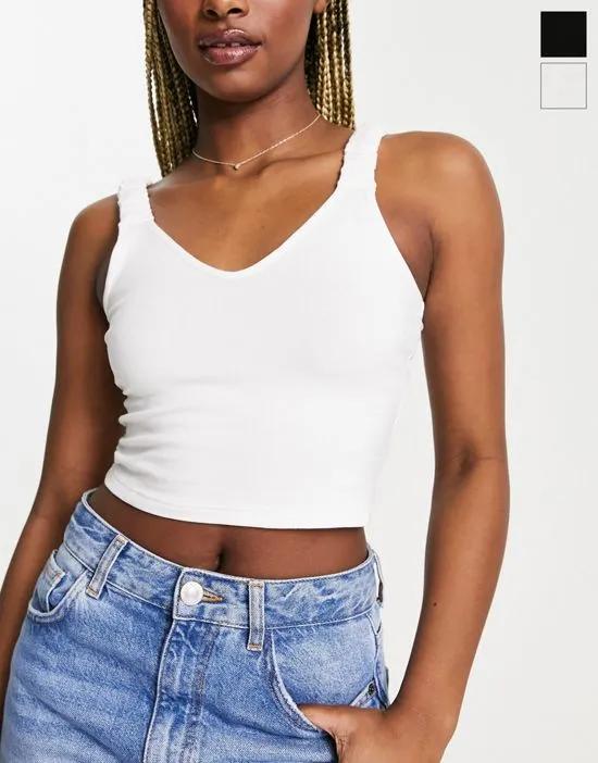 ruched strap v neck crop top 2 pack in black and white