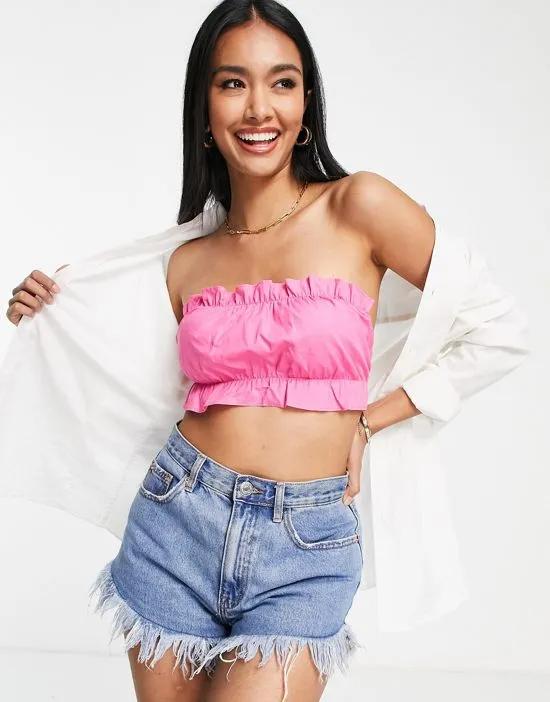ruched tie back crop top in hot pink