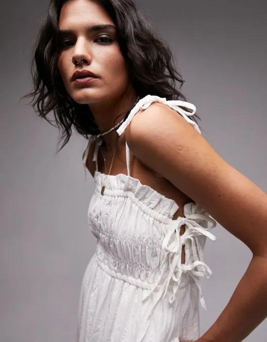 ruched tie strap textured pinny in ivory