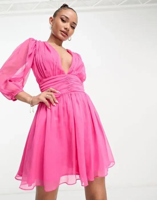 ruched waist balloon sleeve mini dress in vibrant pink