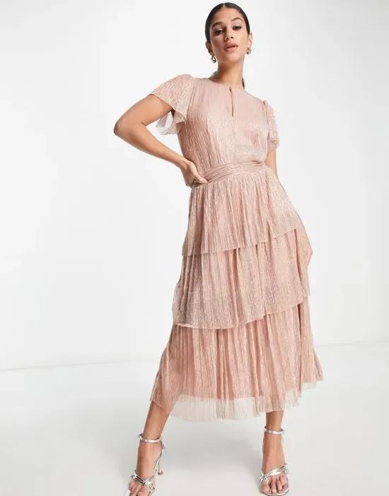 ruched waist tiered glitter midi dress in rose gold