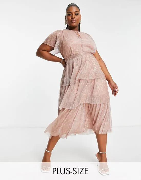 ruched waist tiered glitter midi dress in rose gold