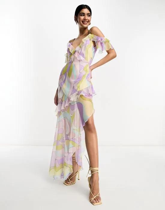 ruffle asymmetric maxi dress in abstract print