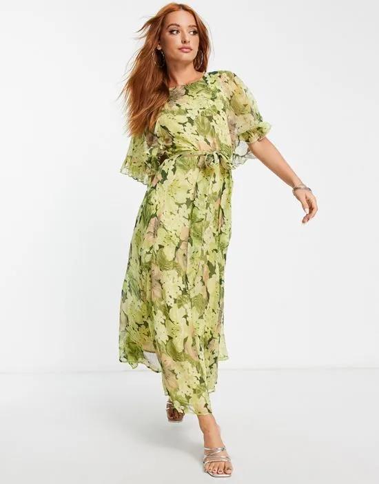 ruffle belted floral occasion midi dress in green