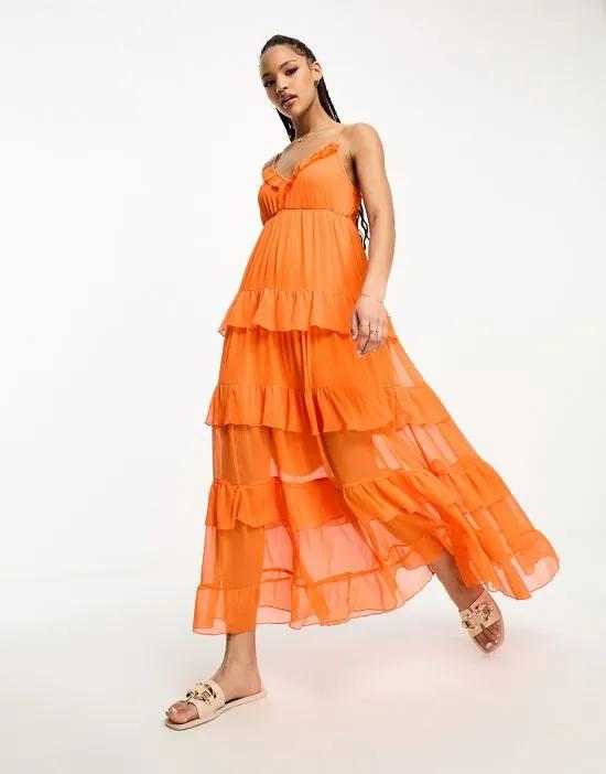 ruffle cami maxi dress in orange