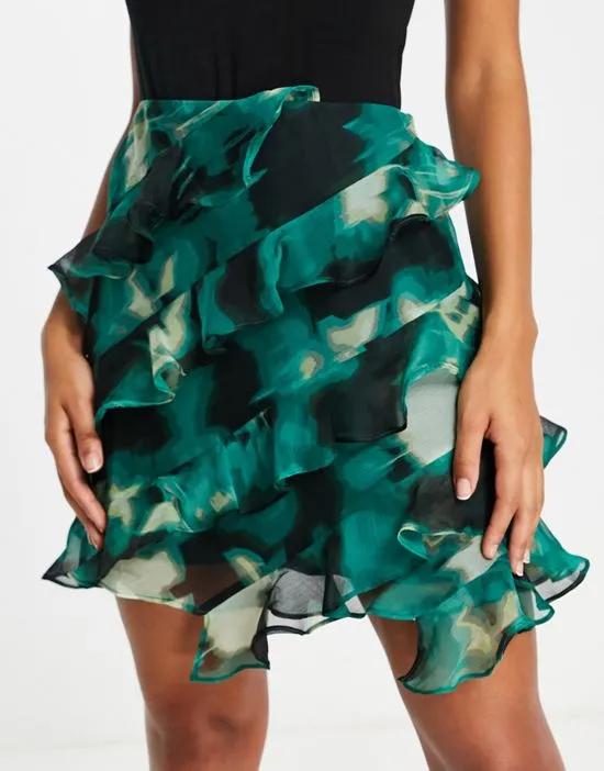 ruffle chiffon mini skirt in green abstract print