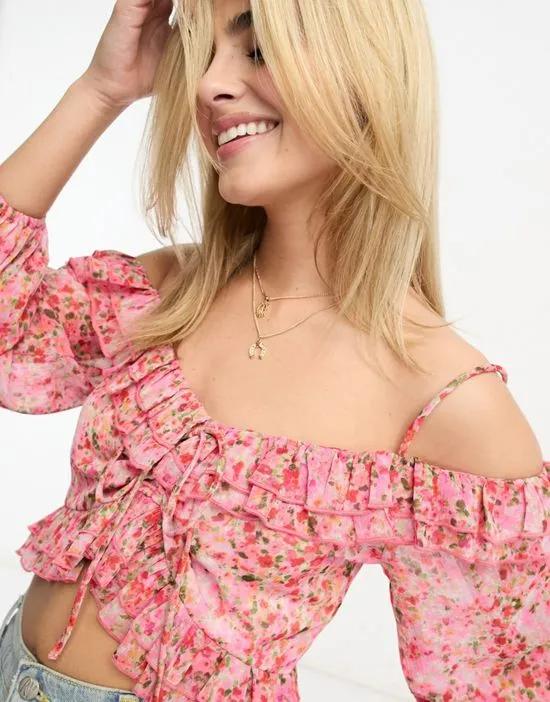ruffle cold shoulder top in pink floral print