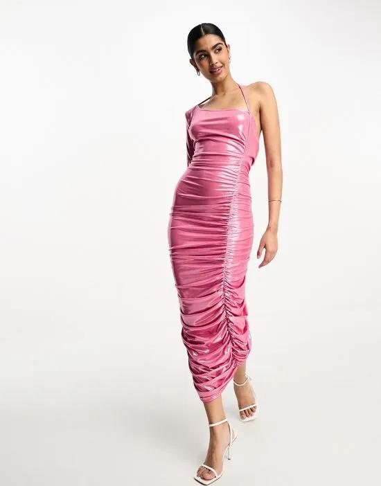 ruffle cowl back midi dress in pink metallic