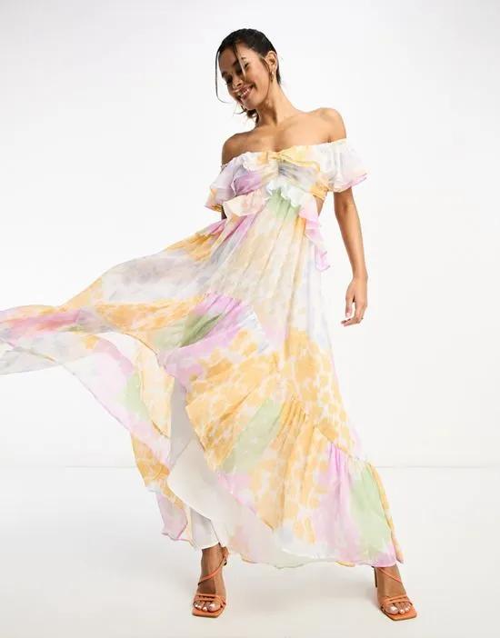 ruffle cut out off the shoulder maxi dress with hi low hem in mixed blurred floral print