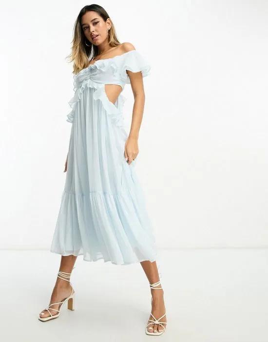 ruffle cut-out off-the-shoulder midi dress in soft blue