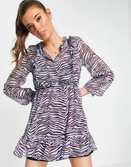 ruffle detail chiffon shirt dress in zebra print
