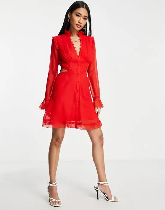 ruffle detail mini dress with button detail in red
